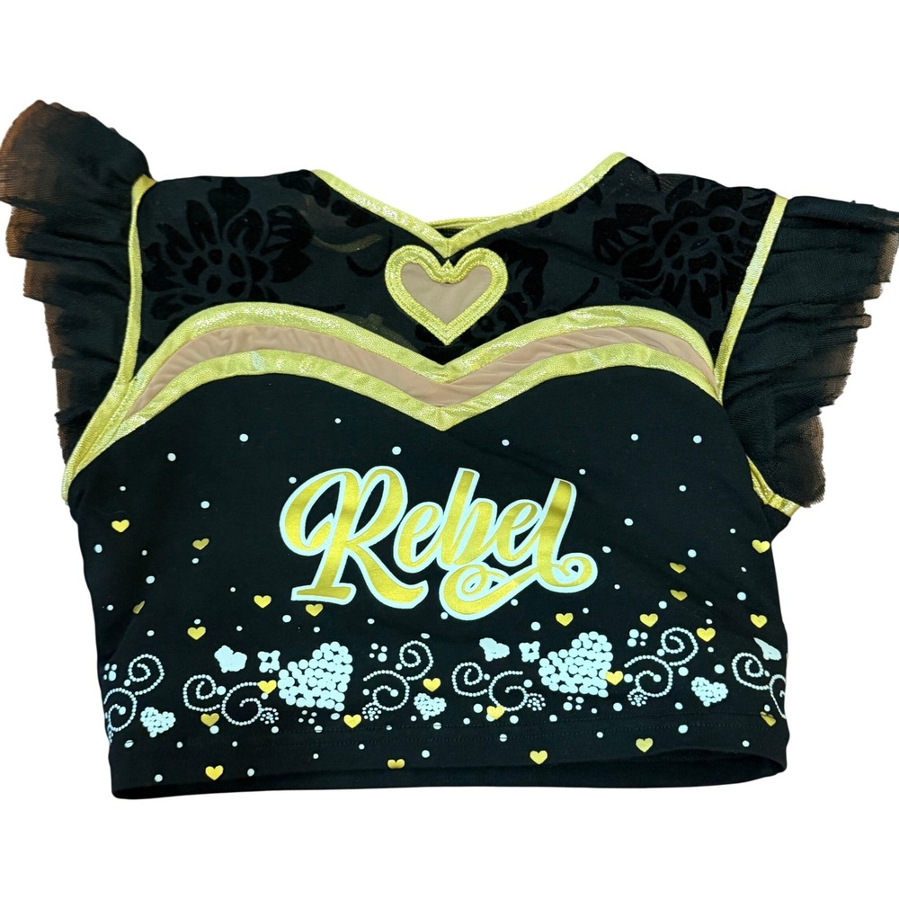 Rebel Athletic Girls YL Black Gold Heart Strappy‎ Back Cheer Crop Top Athleisure